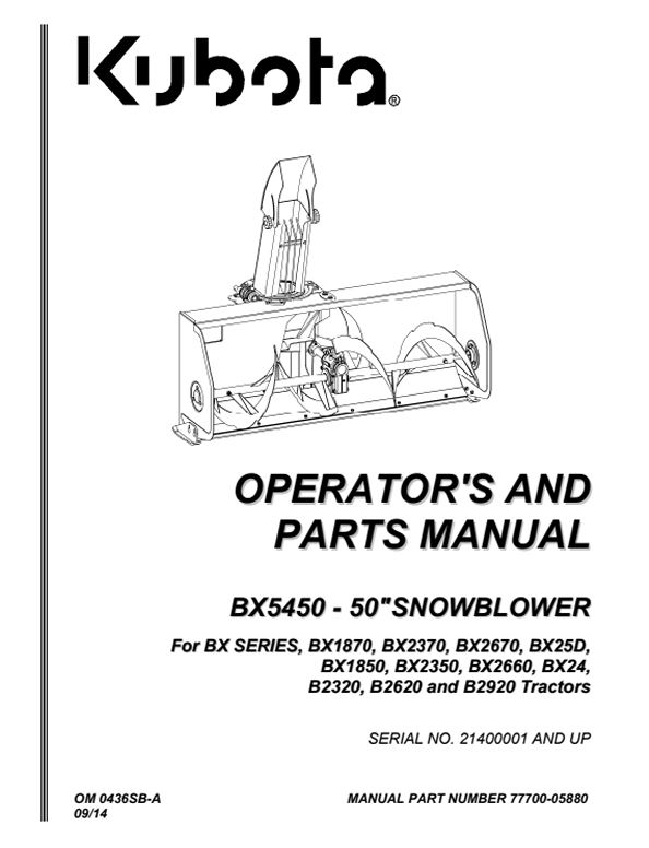 Kubota #77700-05880 Kubota BX5450 Snow Blower Operators Manual