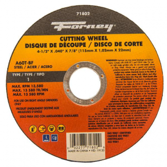 Forney #F71802 Cut-Off Wheel, Metal, Type 1, 4-1/2" x .040" x 7/8"
