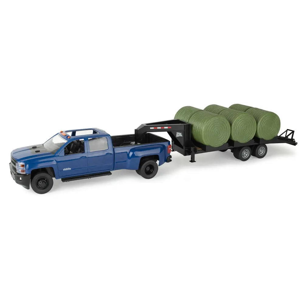 Image 1 for #47603 1:16 Big Farm Blue Chevy Pickup w/ Trailer & Round Bales