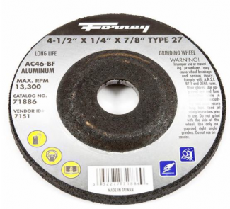 Forney #F71886 Grinding Wheel, Aluminum, Type 27, 4-1/2" x 1/4" x 7/8"