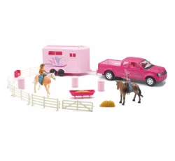 New-Ray Toys #SS-37335A 1:32 Pink Pickup w/ Horse Trailer Playset