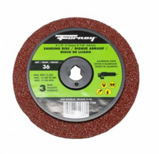 Forney #F71668 Resin Fibre Sanding Disc, Aluminum Oxide, 4-1/2 in x 7/8 in Arbor, 36 Grit