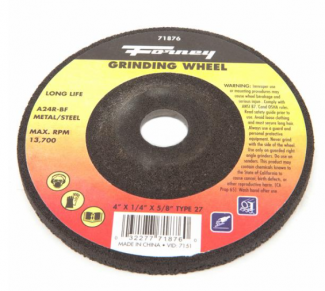 Forney #F71876 Grinding Wheel, Metal, Type 27, 4 in x 1/4 in x 5/8 in