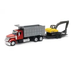 New-Ray Toys #16623 1:43 International Lonestar Dump Truck w/ Excavator & Trailer