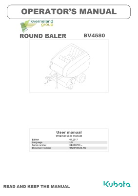 Kubota #9820H06US-KU BV4580 Round Baler Operator's Manual