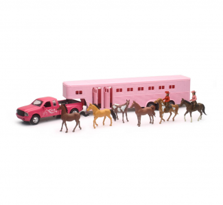 New-Ray Toys #SS-15395 1:32 Pink Pick Up Fifth Wheel Horse Trailer Set