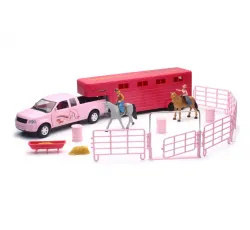 New-Ray Toys #SS-37035D 1:32 Valley Ranch Pink Pick-up Truck & Horse Trailer Set